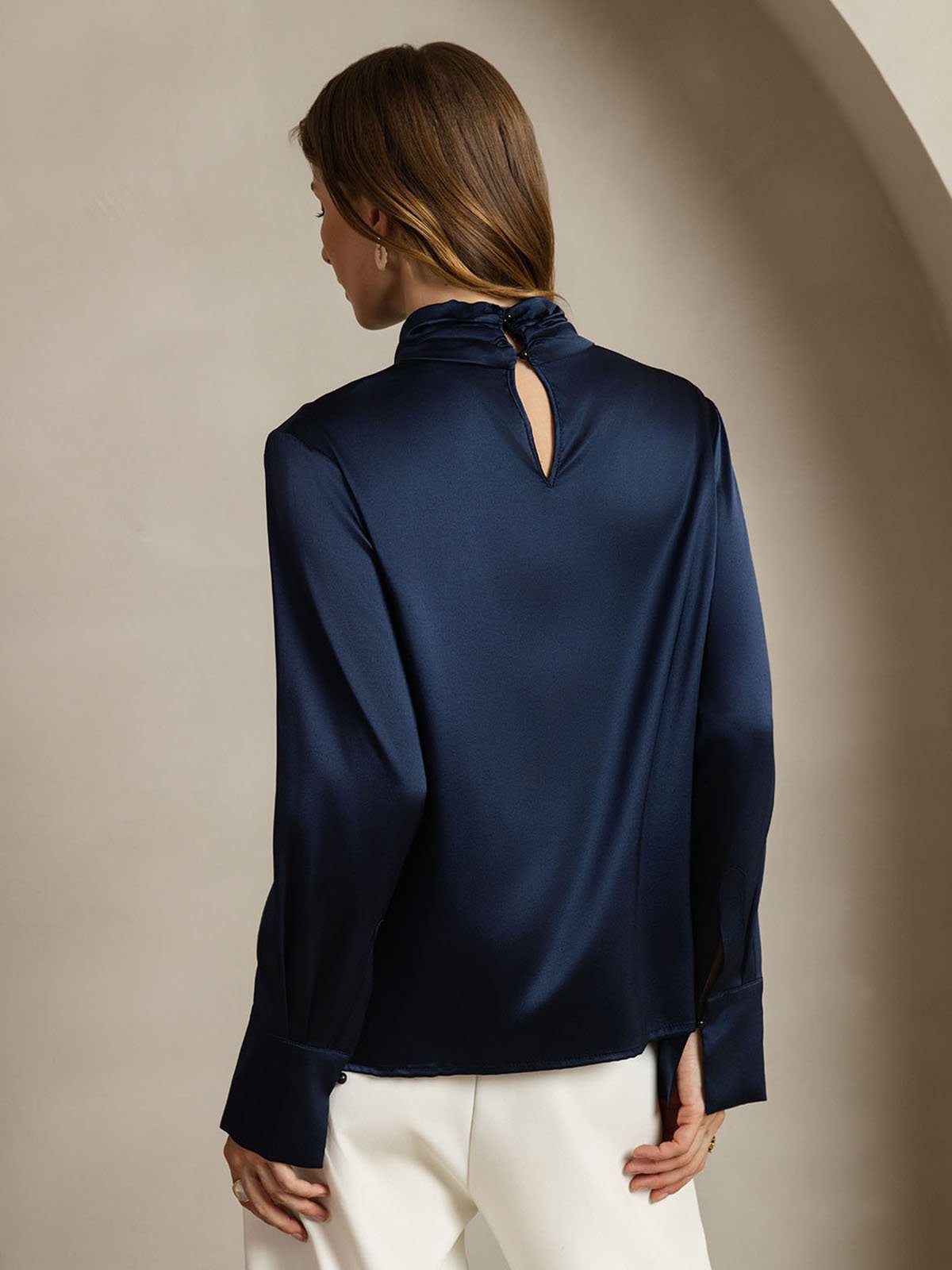 [Azul Oscuro] SilkSilky-ES 19Momme Seda Escote lágrima Blusas de Mujer 002