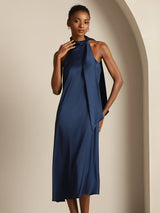 [Azul Oscuro] SilkSilky-ES Sleeveless Halter Vestido 009