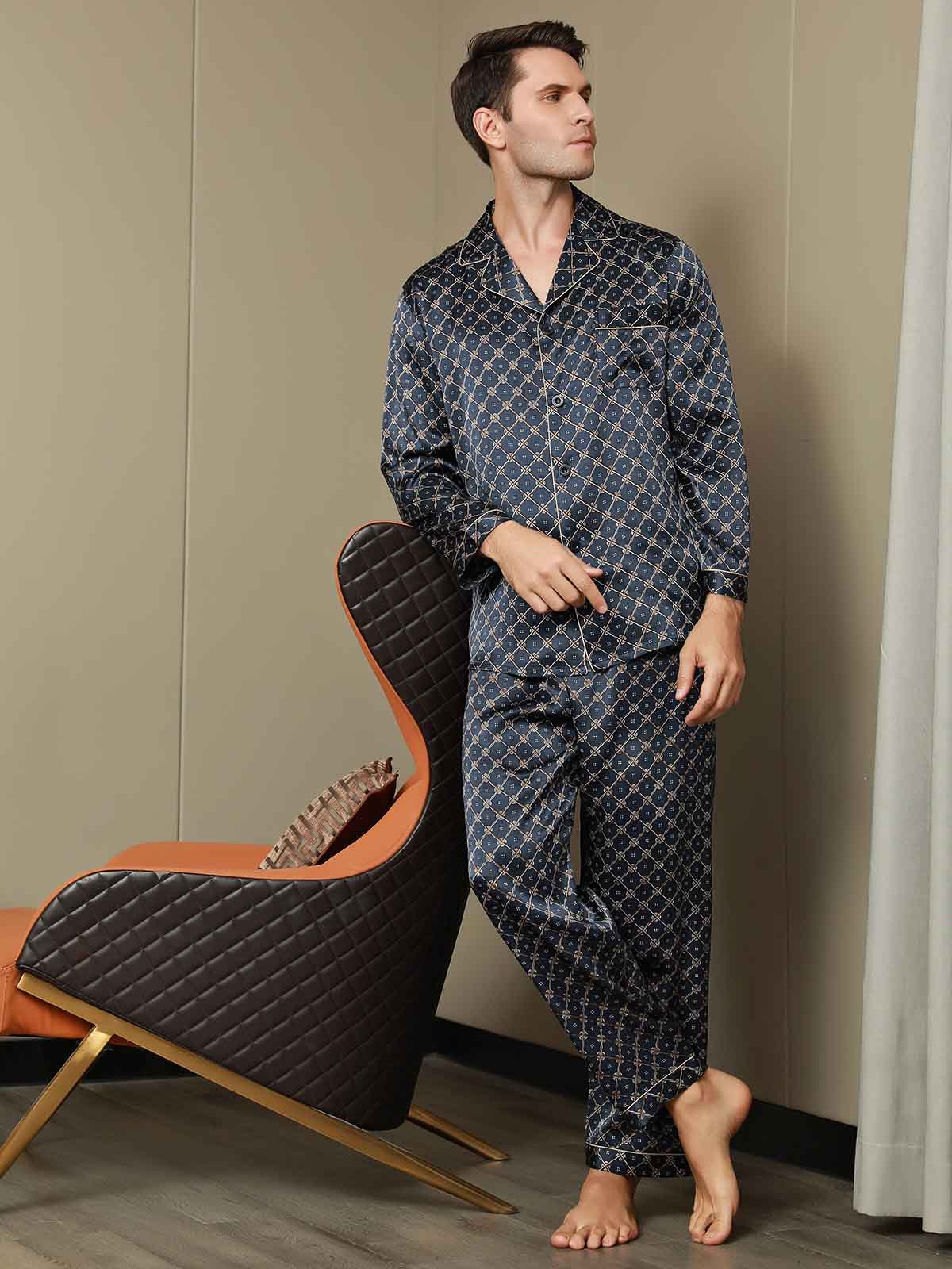 [Cadena Azul Marino] SilkSilky-ES Seda Pura Mens Pajamas 001
