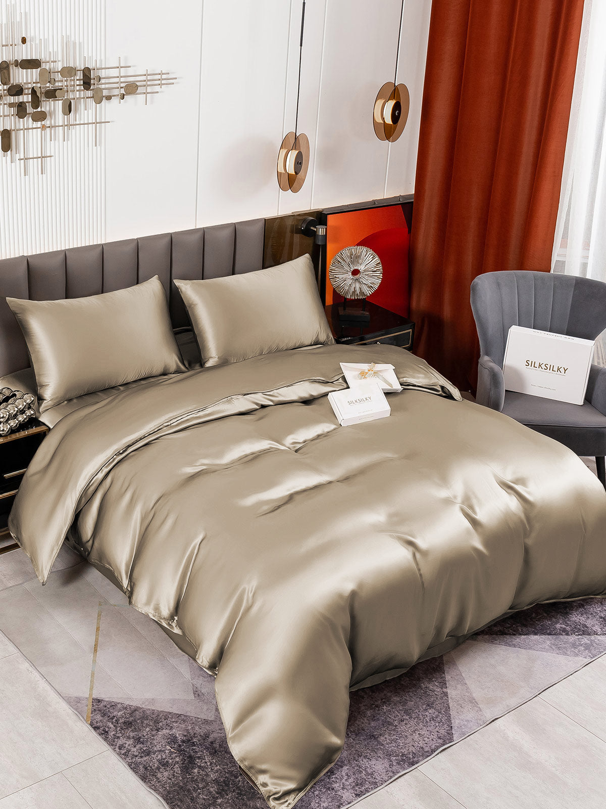 [Caqui] SilkSilky-ES 19Momme Juego de ropa de cama 001