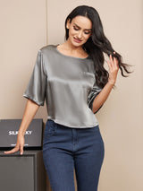 [Gris Oscuro] SilkSilky-ES A metà Escote Cuchara Camisetas de Mujer 003