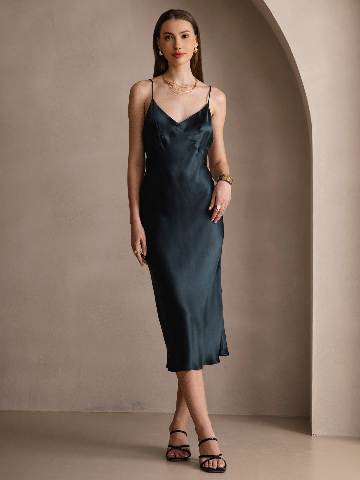 [Verde Oscuro] SilkSilky-ES 19Momme Seda Pura Cuello en V Vestido 001
