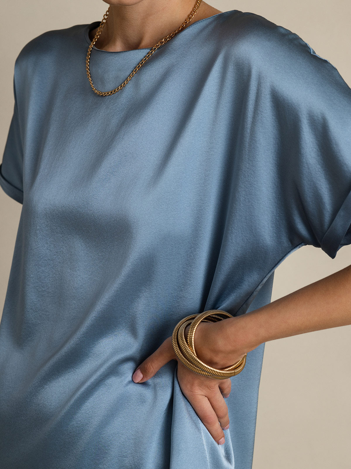 [Azul Grisáceo] SilkSilky-ES 19Momme Manga corta Cuello Barco Camisetas de Mujer 008