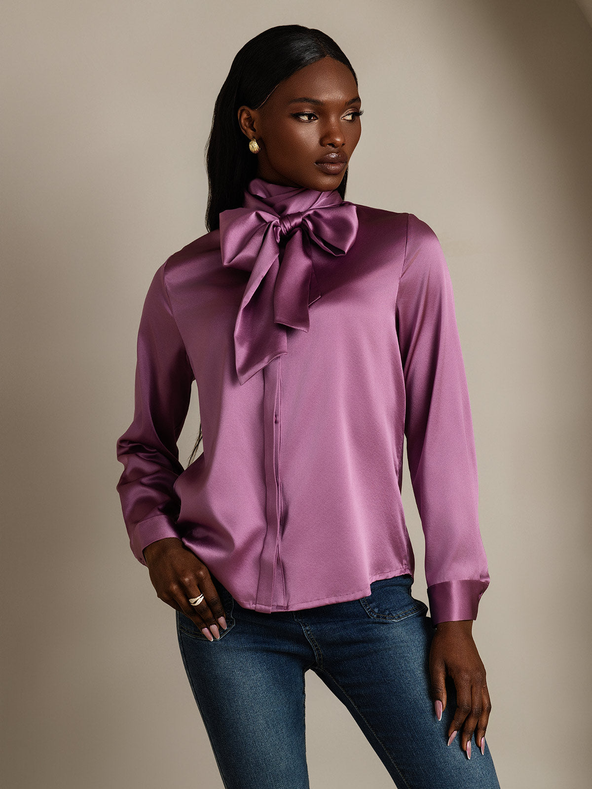 [Morado Oscuro] SilkSilky-ES 19Momme Seda Manga larga Corbata Blusas de Mujer 006