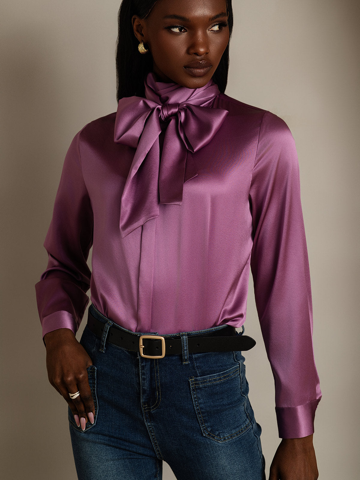 [Morado Oscuro] SilkSilky-ES 19Momme Seda Manga larga Corbata Blusas de Mujer 005