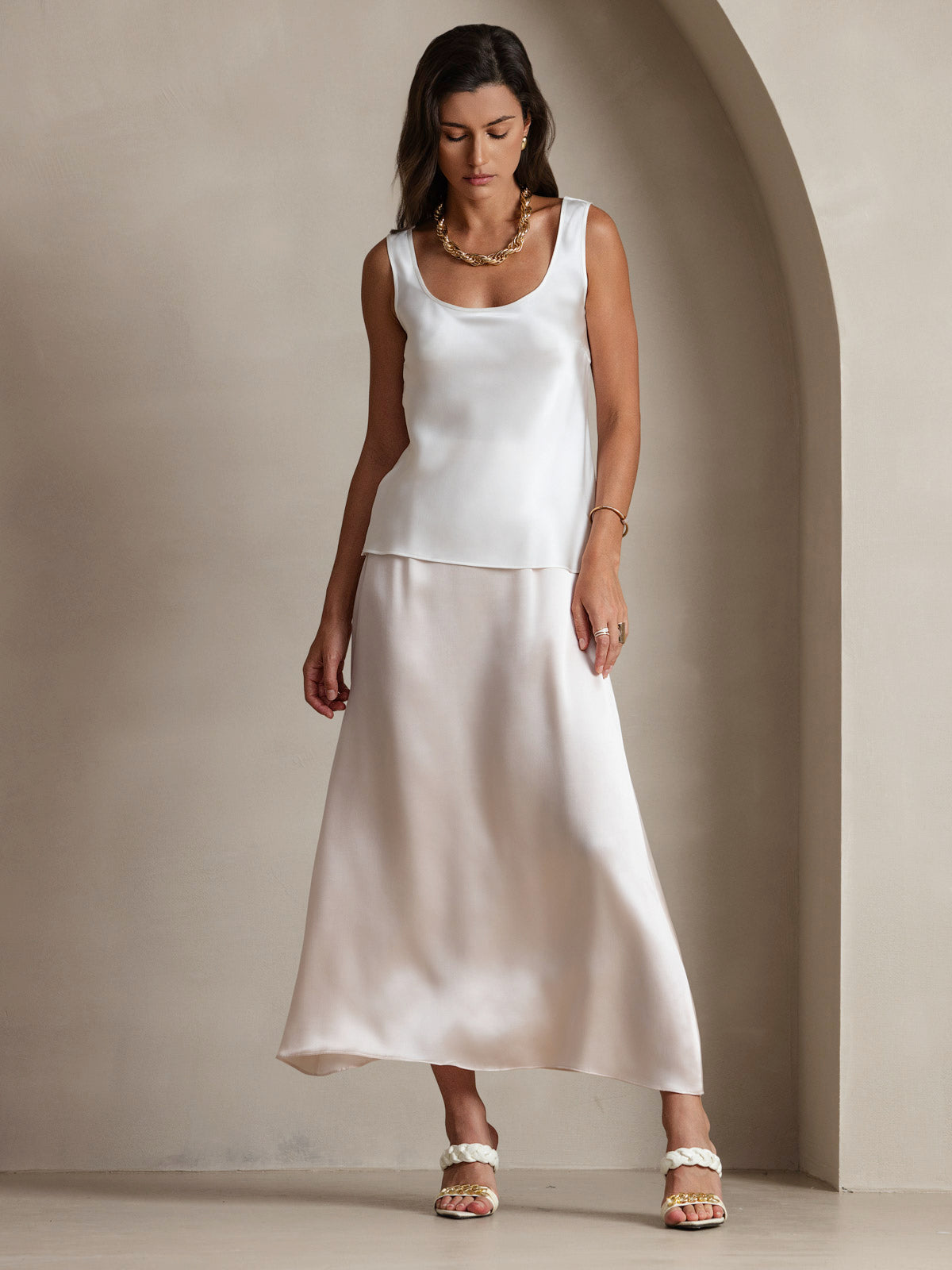 [Blanco] SilkSilky-ES 19Momme Seda Cuello en U Top de tirantes 006