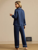 [Azul Oscuro] SilkSilky-ES Long Sleeve Lapel Collar Pijamas de mujer 002