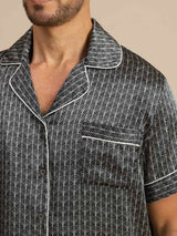 [Ginkgo Negro] SilkSilky-ES Short Sleeve Lapel Collar Pijamas de hombre 007