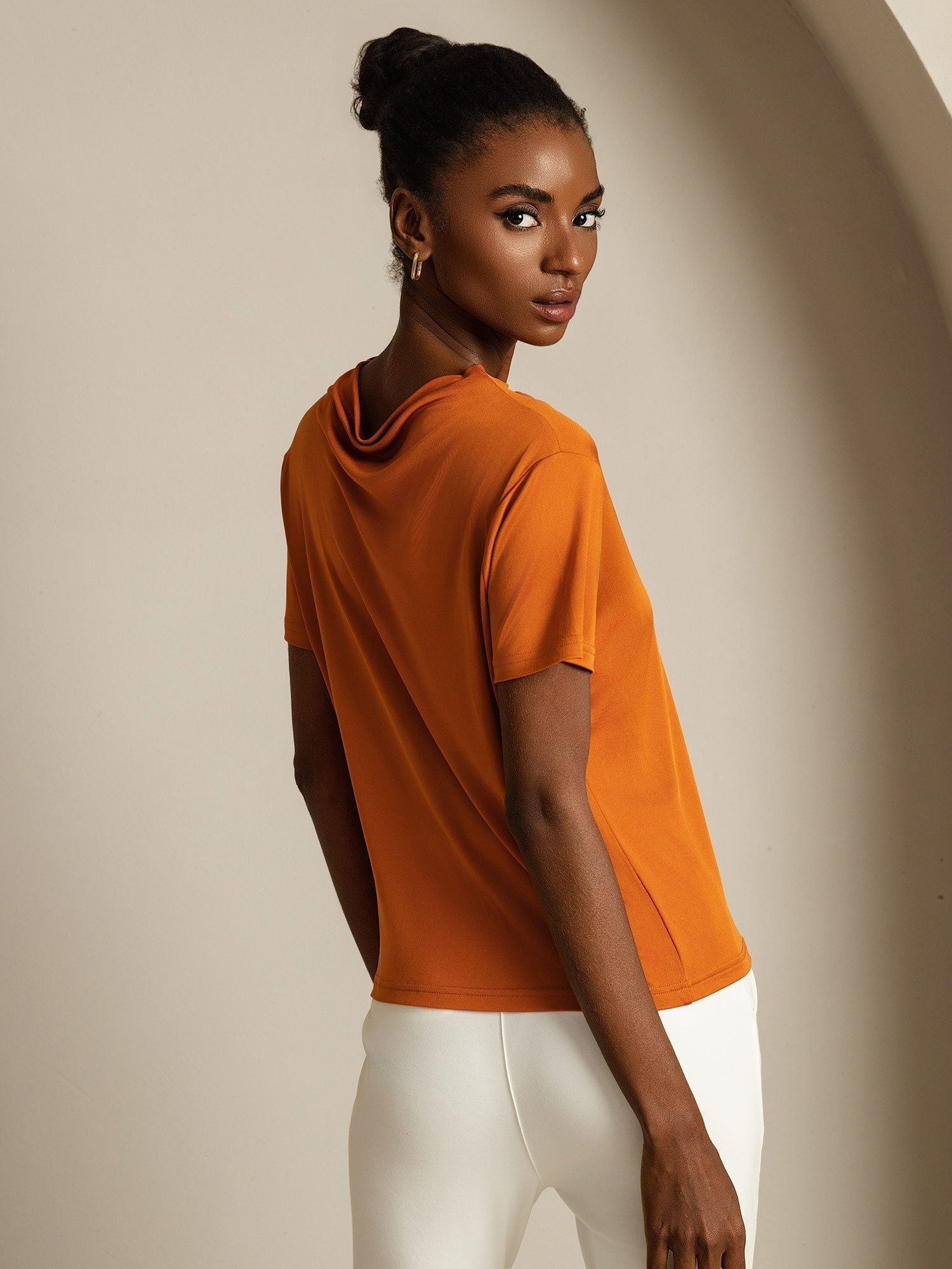 [Naranja] SilkSilky-ES Seda Pura Cuello Camisero Camisetas de Mujer 002