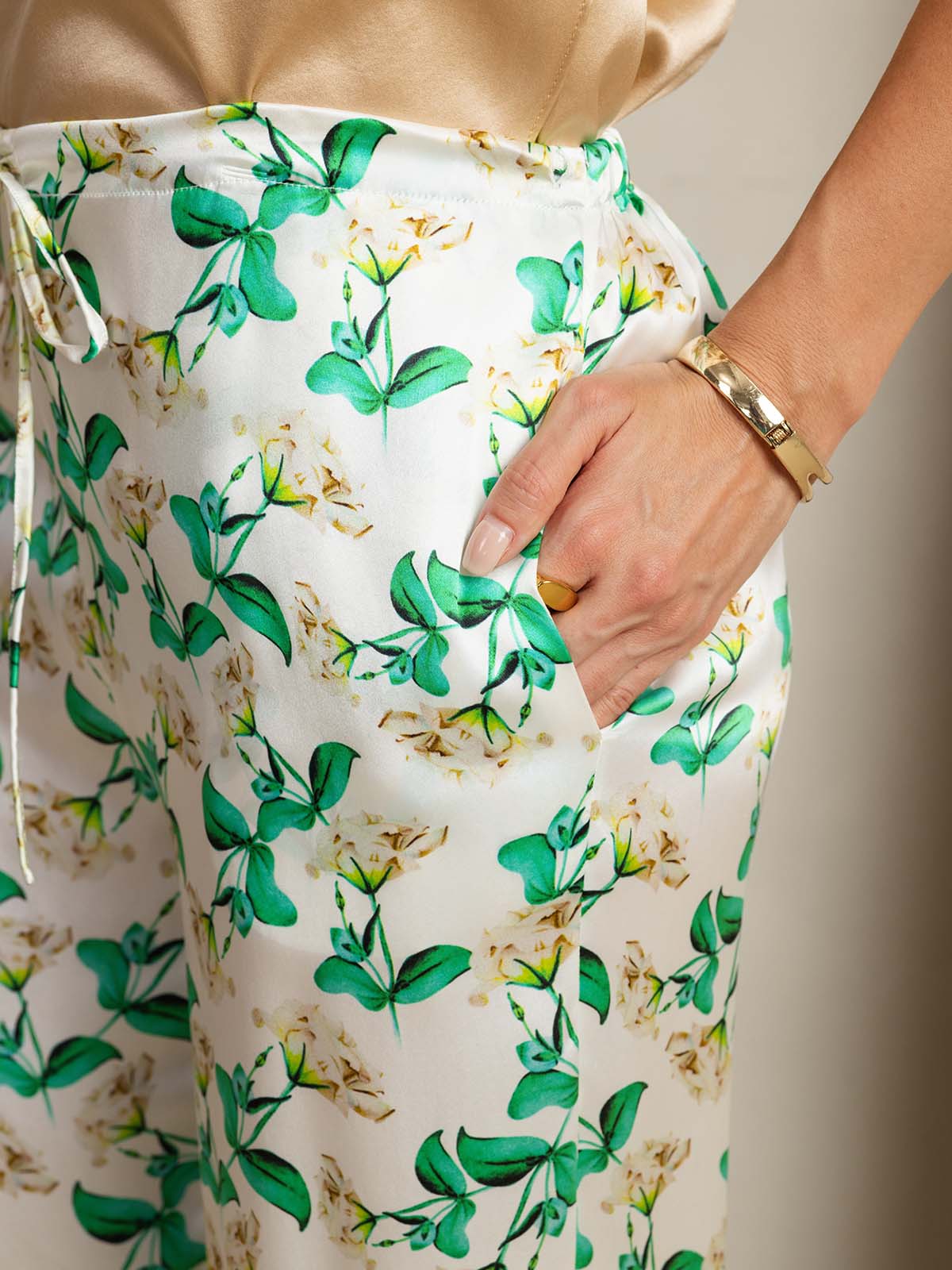 [Floral Verde] SilkSilky-ES 19Momme Seda Womens Pants 004