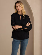 [Negro] SilkSilky-ES Long Sleeve Keyhole Neck Blusas 005