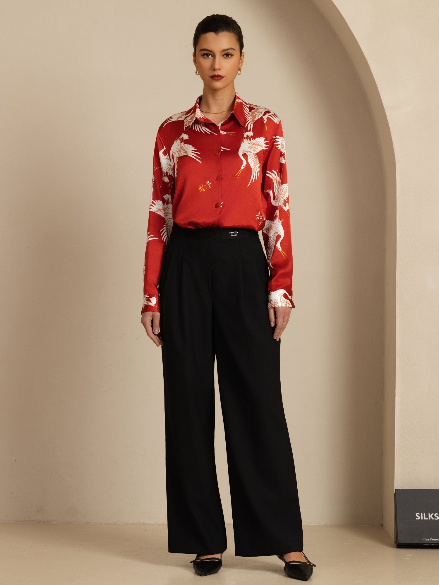 [Vino] SilkSilky-ES 19Momme Manga larga Cuello con Solapa Blusas de Mujer 007