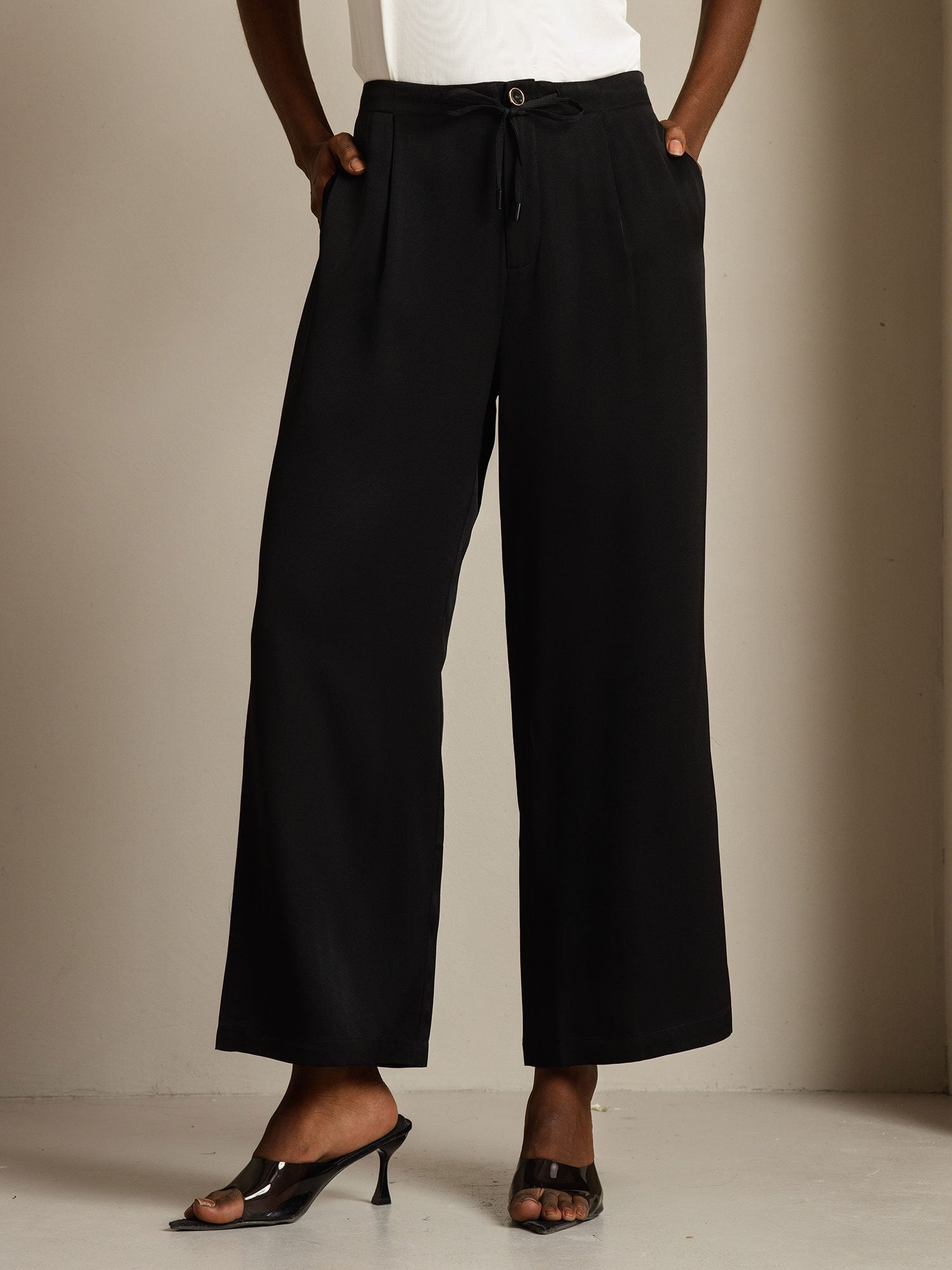 [Negro] SilkSilky-ES 19Momme Seda Womens Pants 001