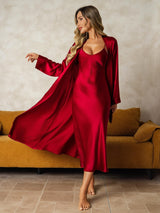 [Vino] SilkSilky-ES Long Sleeve V Neck Conjunto de camisón y bata 001