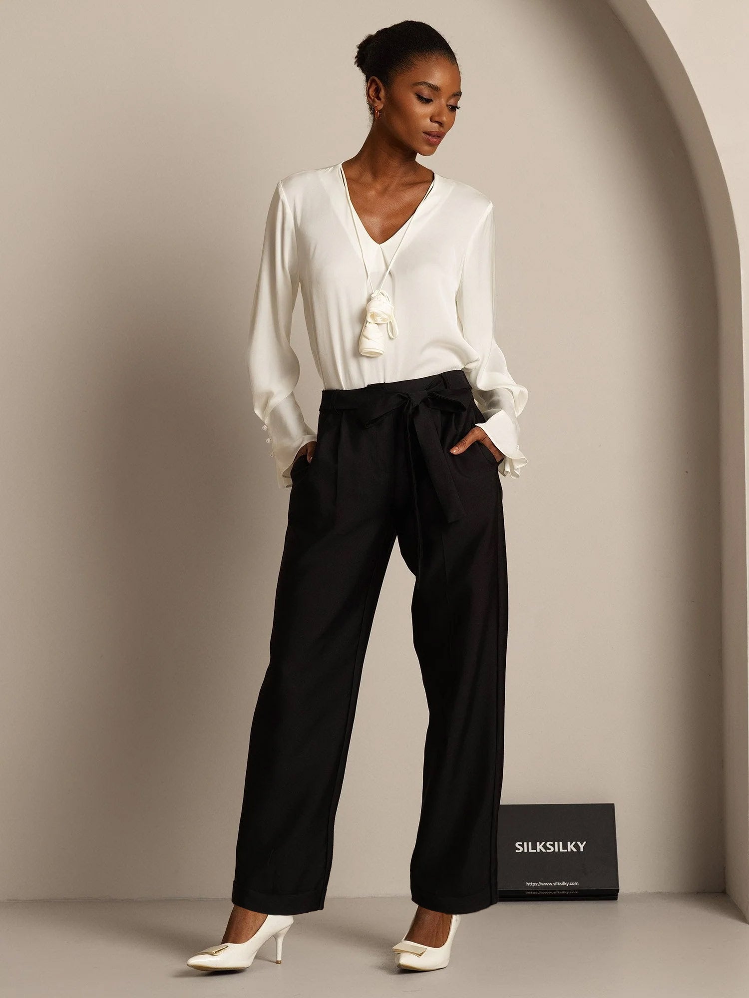 [Negro] SilkSilky-ES 32Momme Seda Womens Pants 007