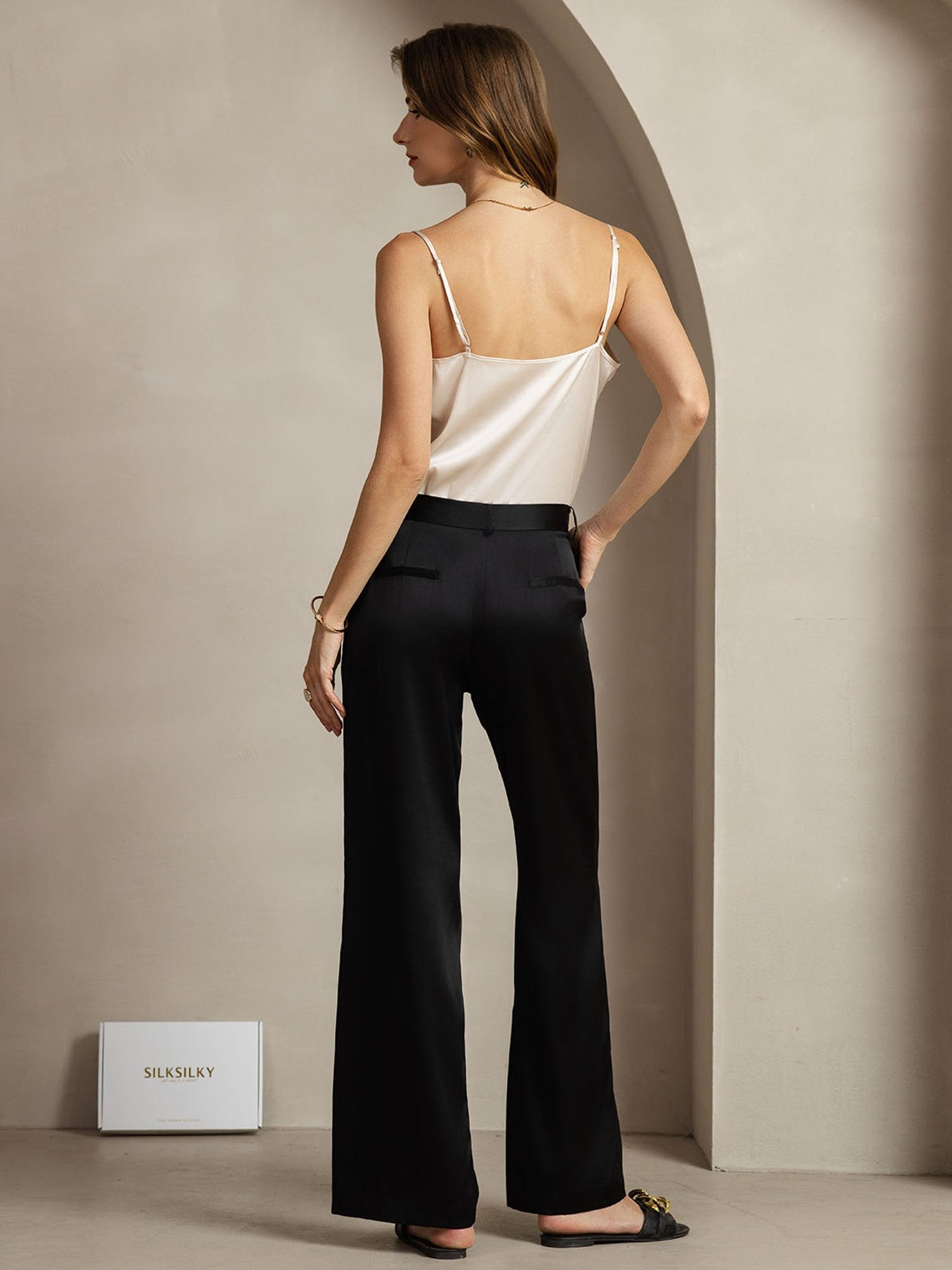 [Negro] SilkSilky-ES 19Momme Seda Womens Pants 006