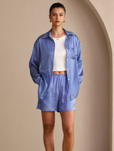 [Raya Diplomática Azul] SilkSilky-ES Long Sleeve Lapel Collar Women's Outfit Sets 004