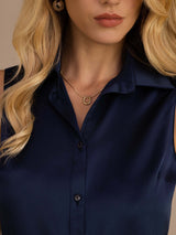 [Azul Oscuro] SilkSilky-ES Sleeveless Lapel Collar Blusas de Mujer 004
