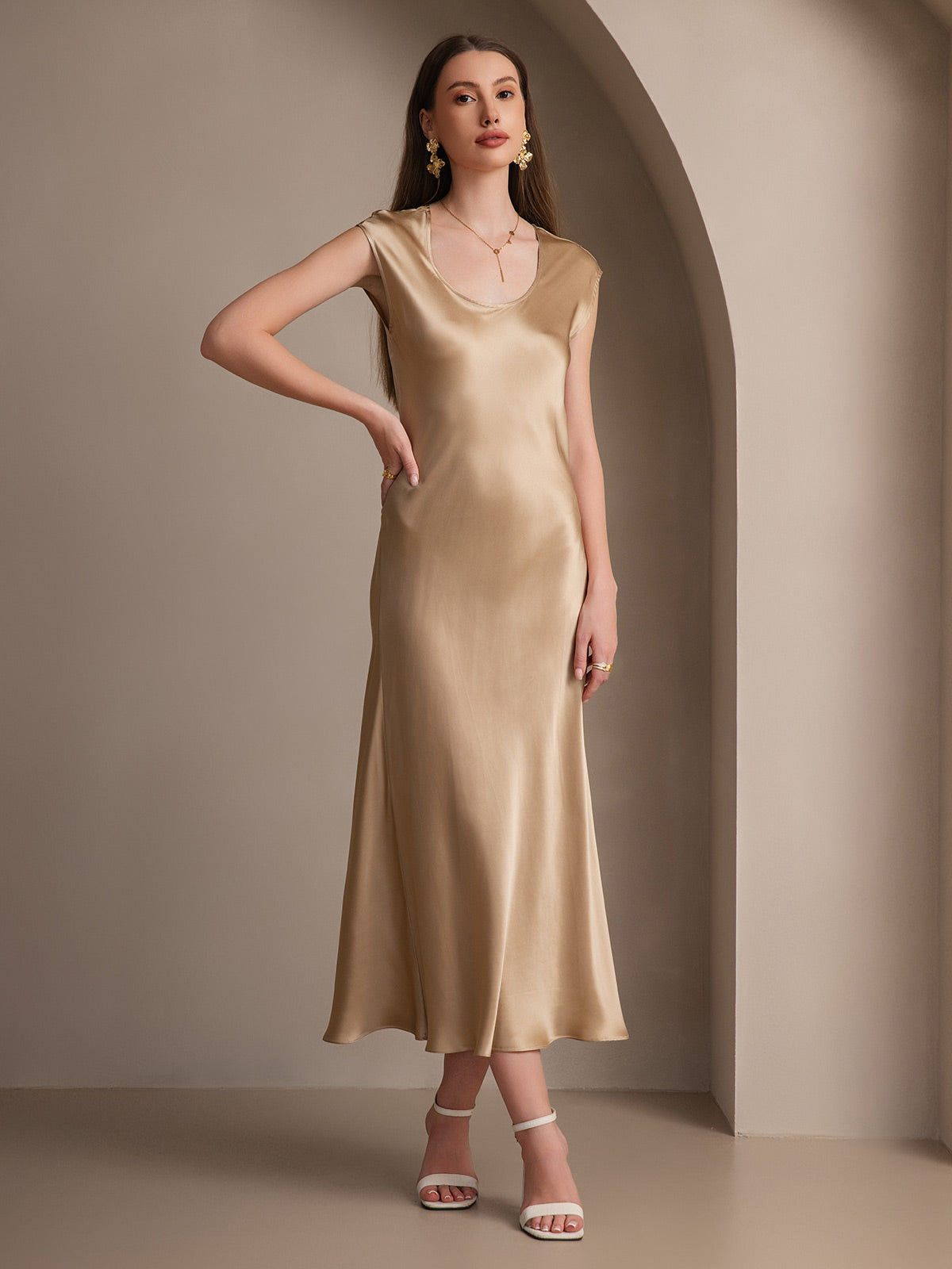 [Champán] SilkSilky-ES 19Momme Seda Dress 001
