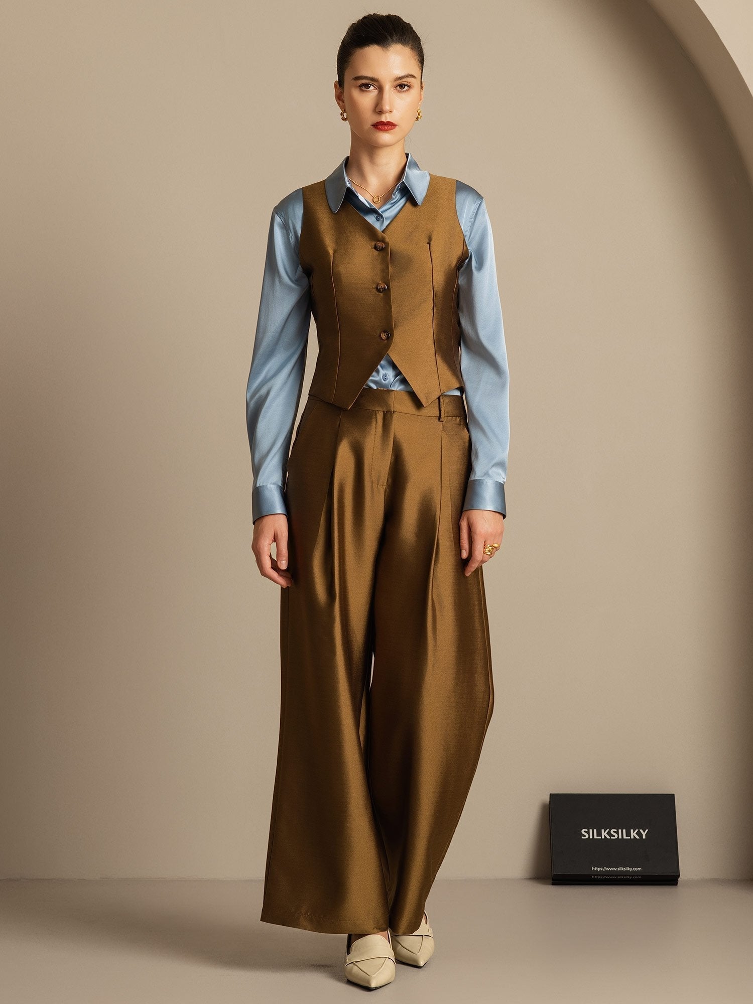 [Bronce] SilkSilky-ES 32Momme Silk-Wool Blend Cuello en V Chaleco Mujer 001,