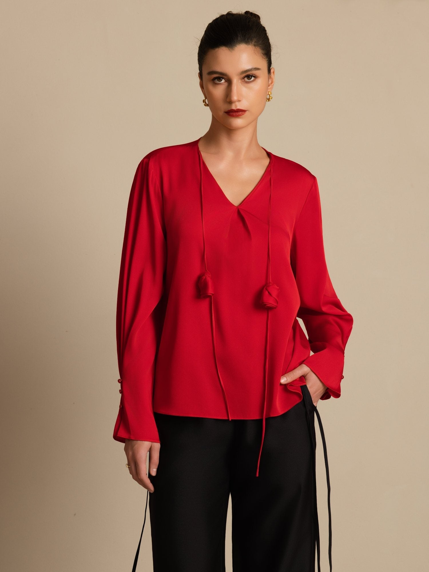 [Vino] SilkSilky-ES 19Momme Seda Manga larga Cuello en V Blusa 003