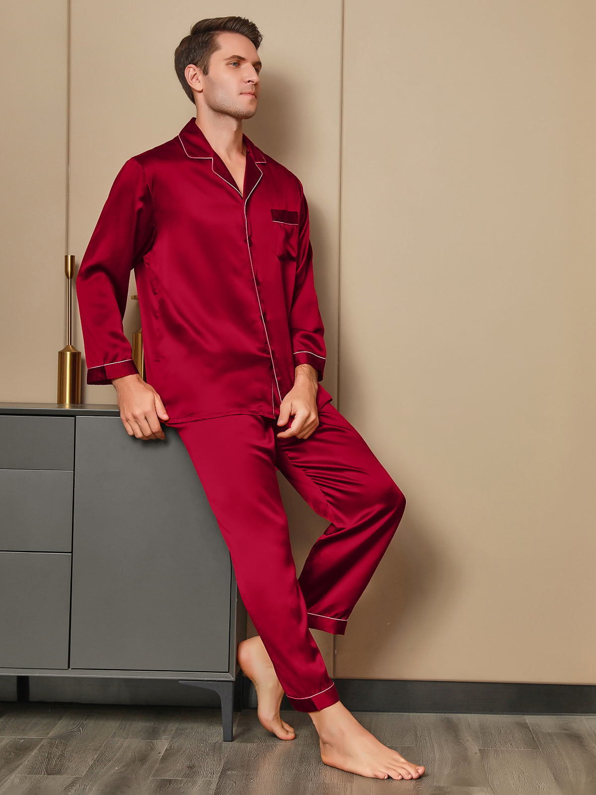 [Rojo] SilkSilky-ES 19Momme Seda Pura Mens Pajamas 001