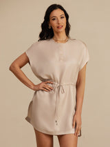 [Marrón Claro] SilkSilky-ES 18Momme Manga Casquillo Cuello Henley Vestido 004