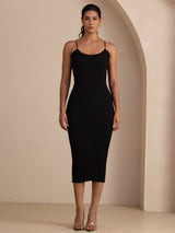 [Negro] SilkSilky-ES Spaghetti Strap Boat Neck Vestido 007