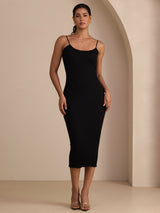 [Negro] SilkSilky-ES Spaghetti Strap Boat Neck Vestido 001