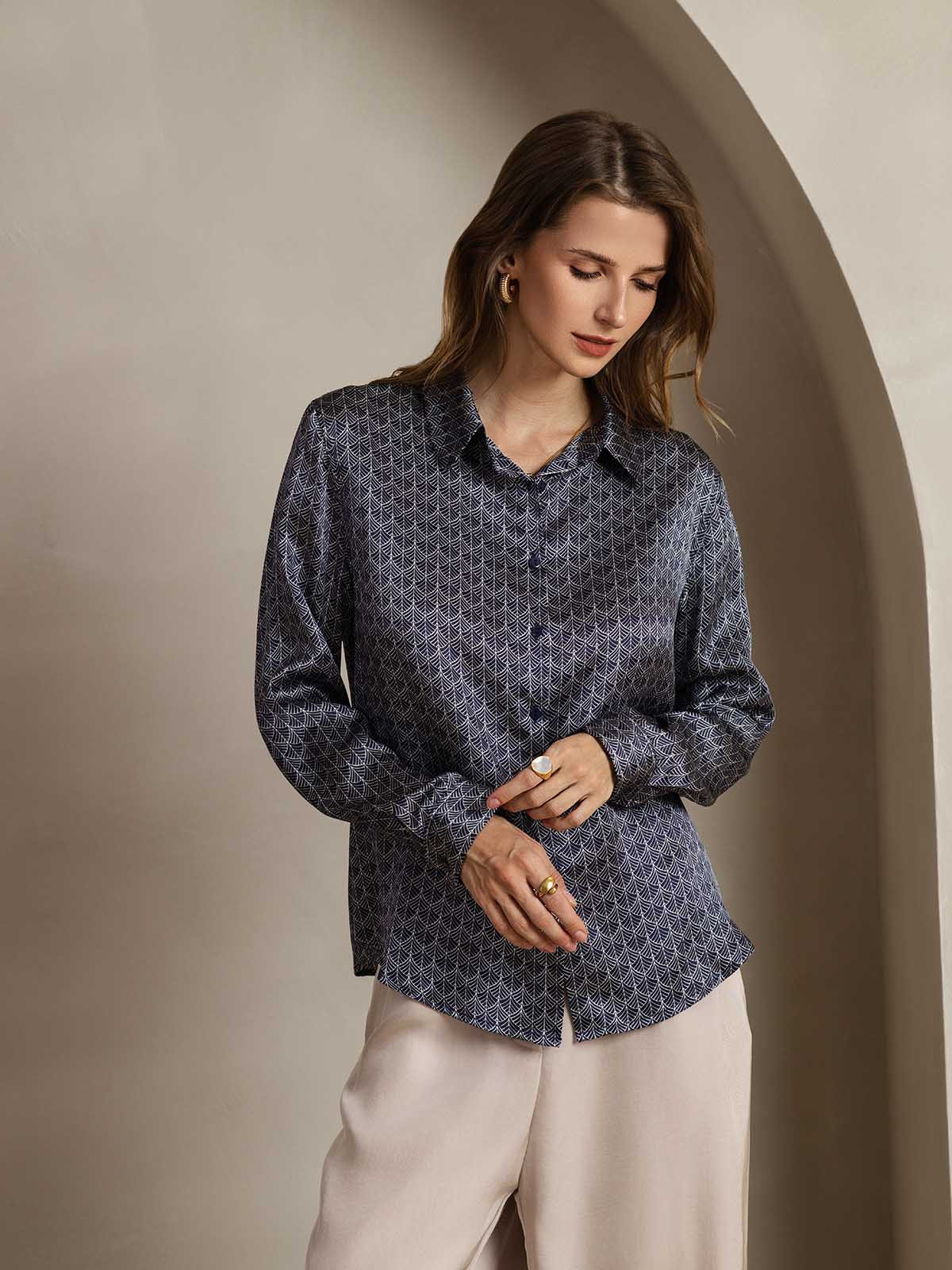 [Ginkgo Azul Marino] SilkSilky-ES Seda Lapel Collar Blusas de Mujer 005