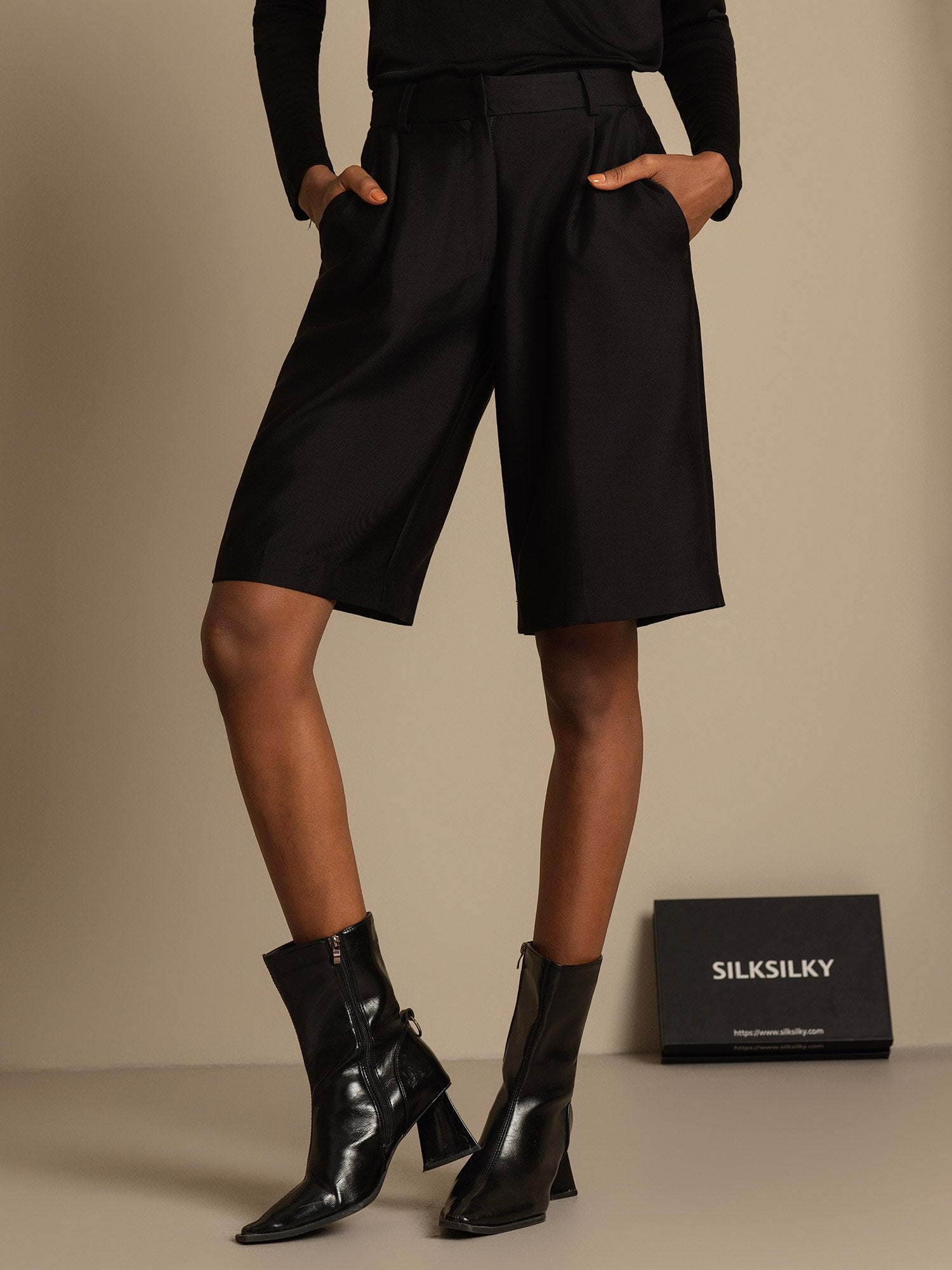 [Negro] SilkSilky-ES 32Momme Silk-Wool Blend Womens Shorts 001,
