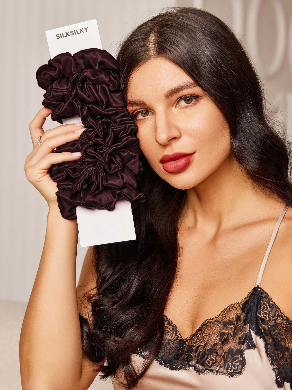 [Marrón] SilkSilky-ES 19Momme Seda Pura Scrunchie 002,