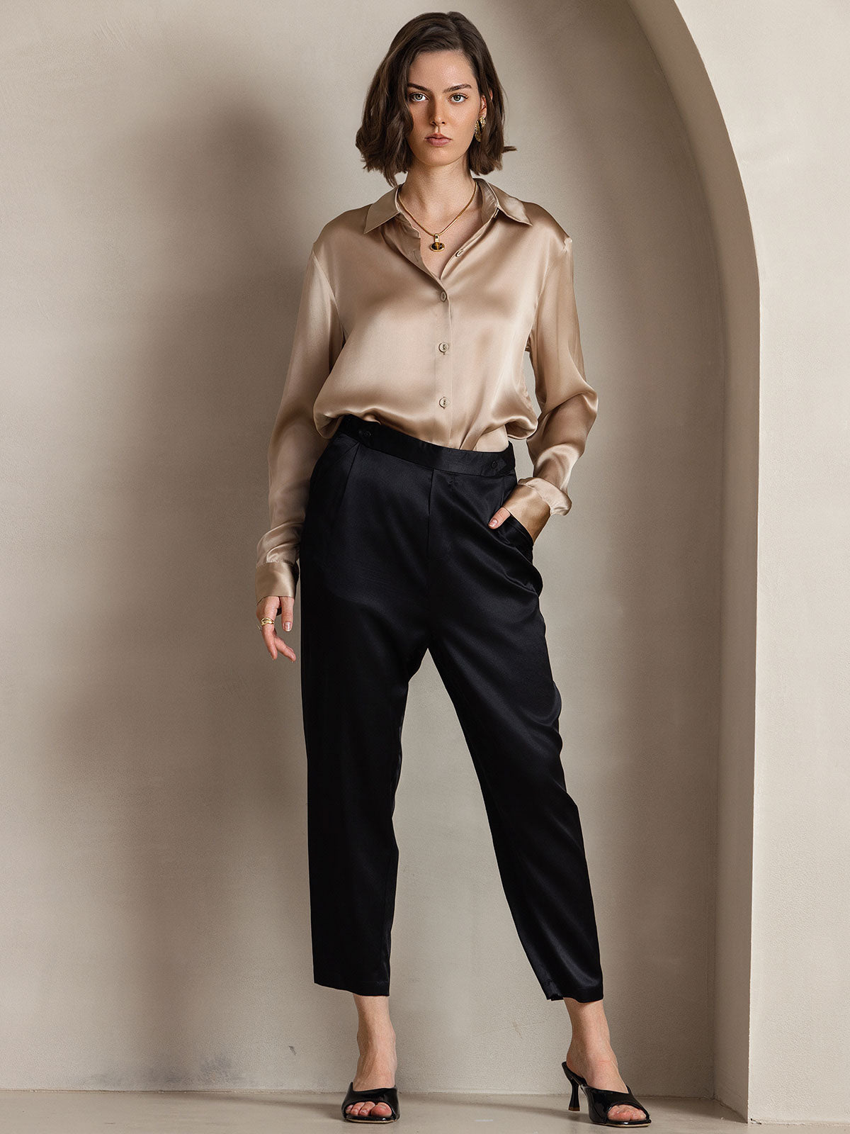 [Champán] SilkSilky-ES Seda Lapel Collar Blusas de Mujer 003