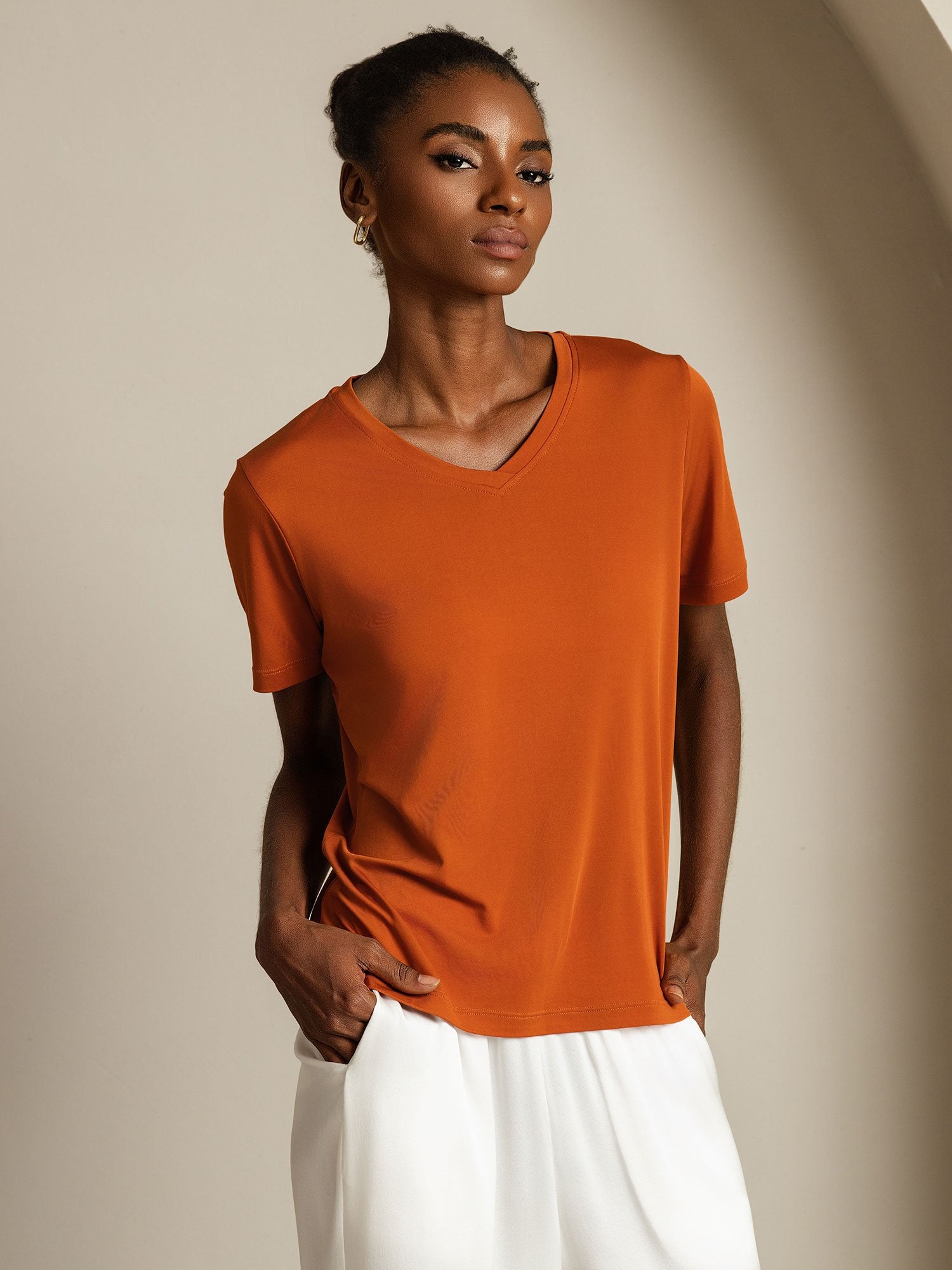 [Naranja] SilkSilky-ES Seda Pura Cuello en V Camisetas de Mujer 006