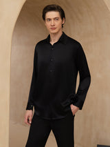[Negro] SilkSilky-ES 19Momme Manga larga Cuello con Solapa Camisa de hombre 001