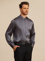 [Gris Oscuro] SilkSilky-ES Long Sleeve Stand Collar Camisa de hombre 005