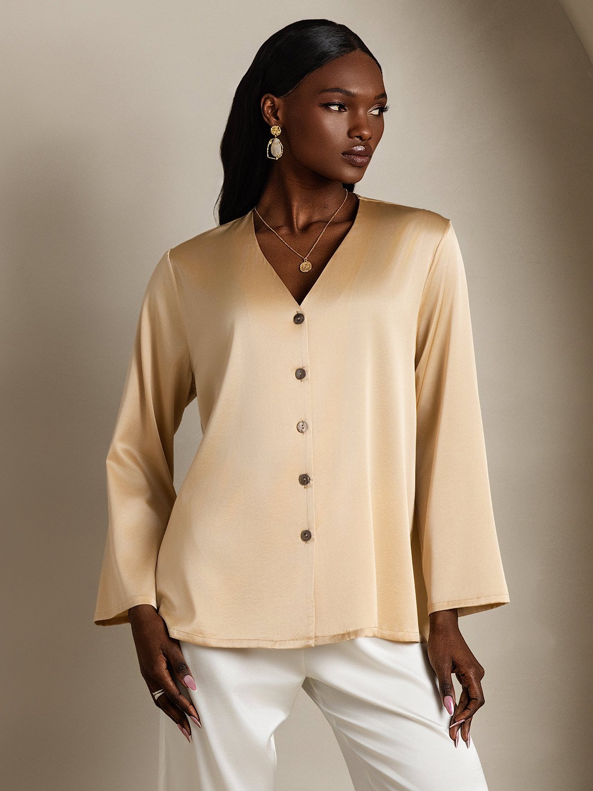 [Champán] SilkSilky-ES 19Momme Seda Cuello en V Blusas de Mujer 001