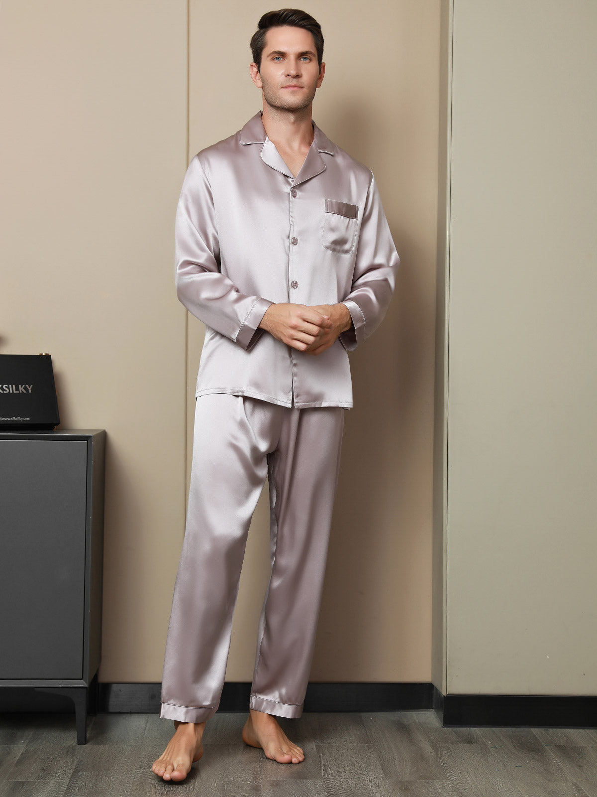 [Malva Pálido] SilkSilky-ES 19Momme Seda Pura Mens Pajamas 004