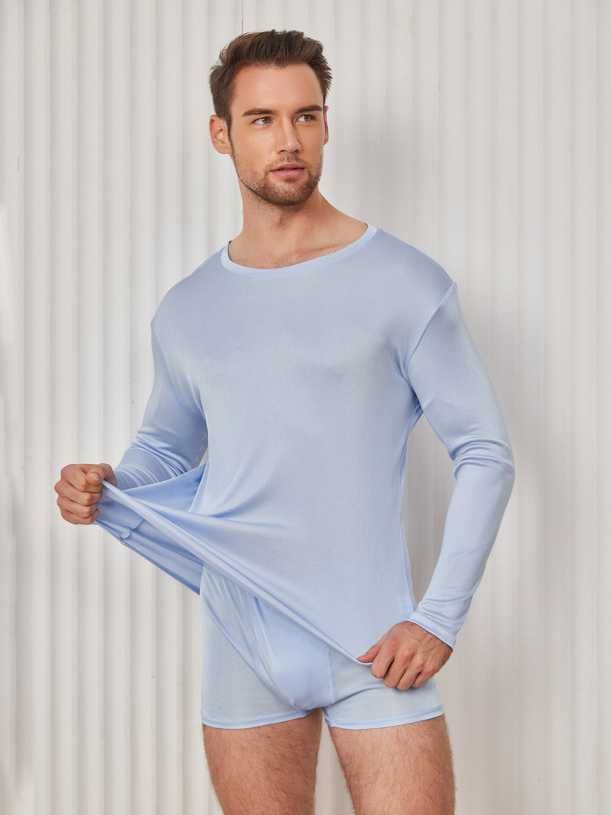 [Azul Claro] SilkSilky-ES Tejido de seda Mens T-Shirt 004