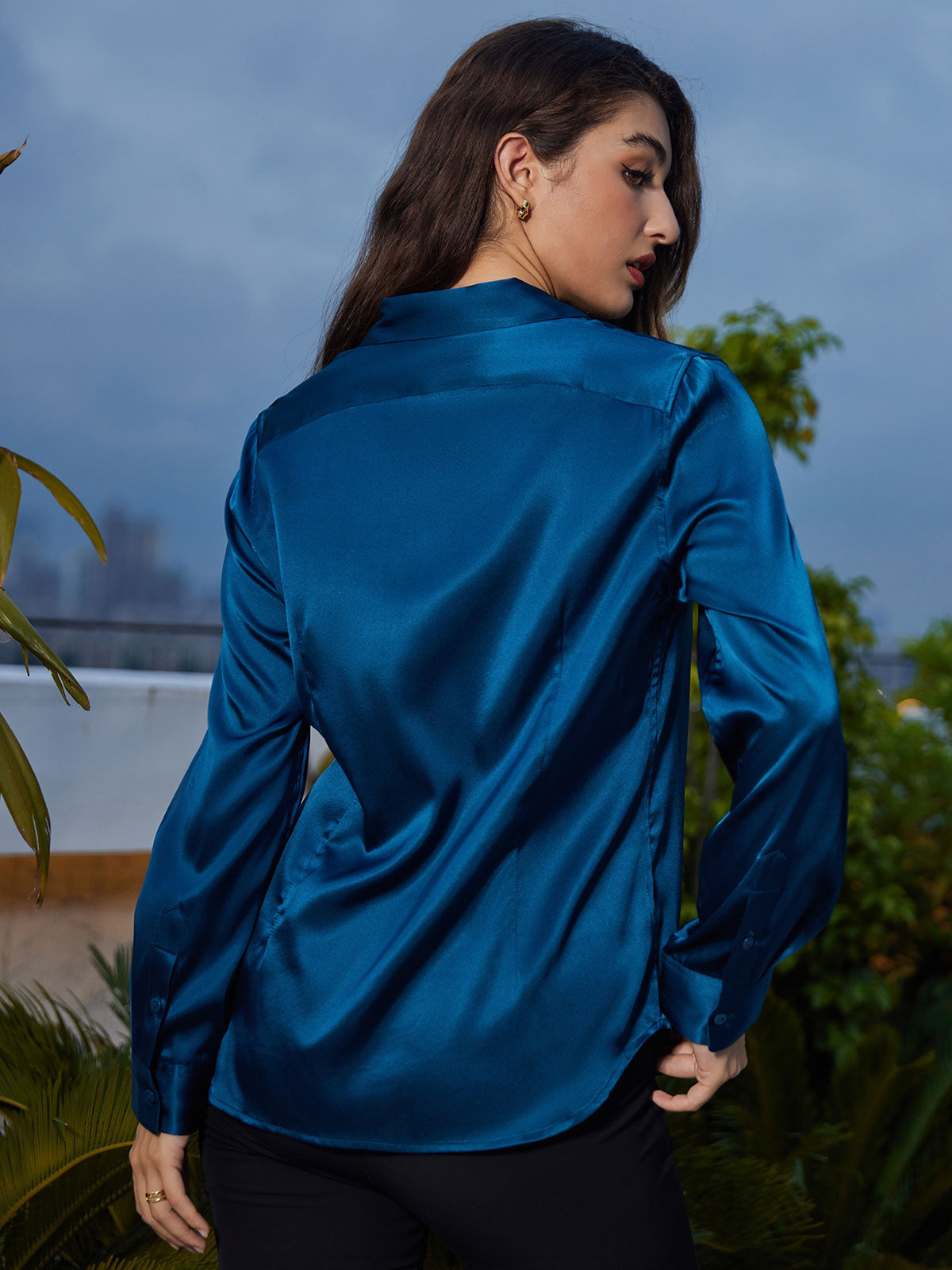 [Azul Real] SilkSilky-ES 19Momme Manga larga Cuello con Solapa Blusas de Mujer 002