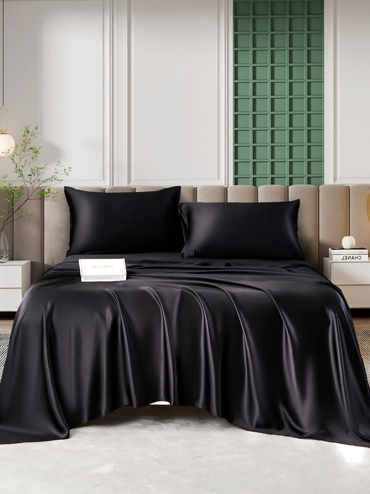 [Negro] SilkSilky-ES 25Momme Seda Pura Bedding Set 006