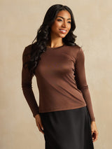 [Café] SilkSilky-ES Long Sleeve Crew Neck Camisetas de Mujer 003