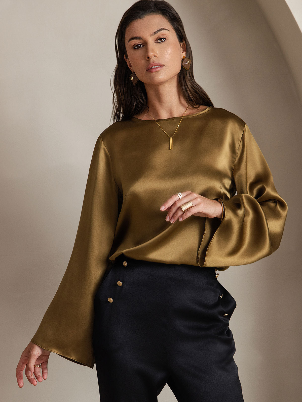 [Marrón] SilkSilky-ES 19Momme Seda Manga larga Blouse 001