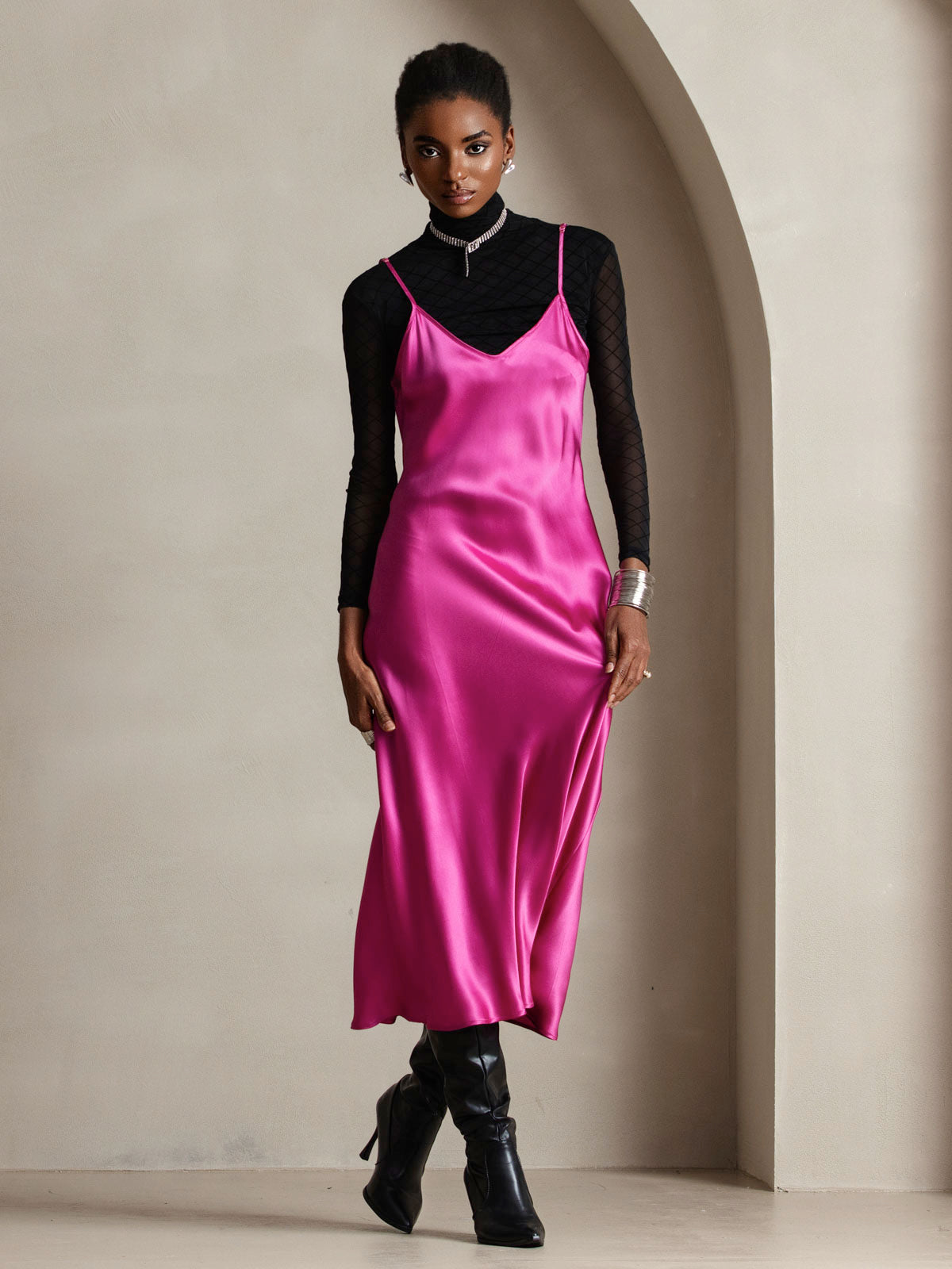 [Rosa Roja] SilkSilky-ES Spalline Sottili Cuello en V Vestido 006