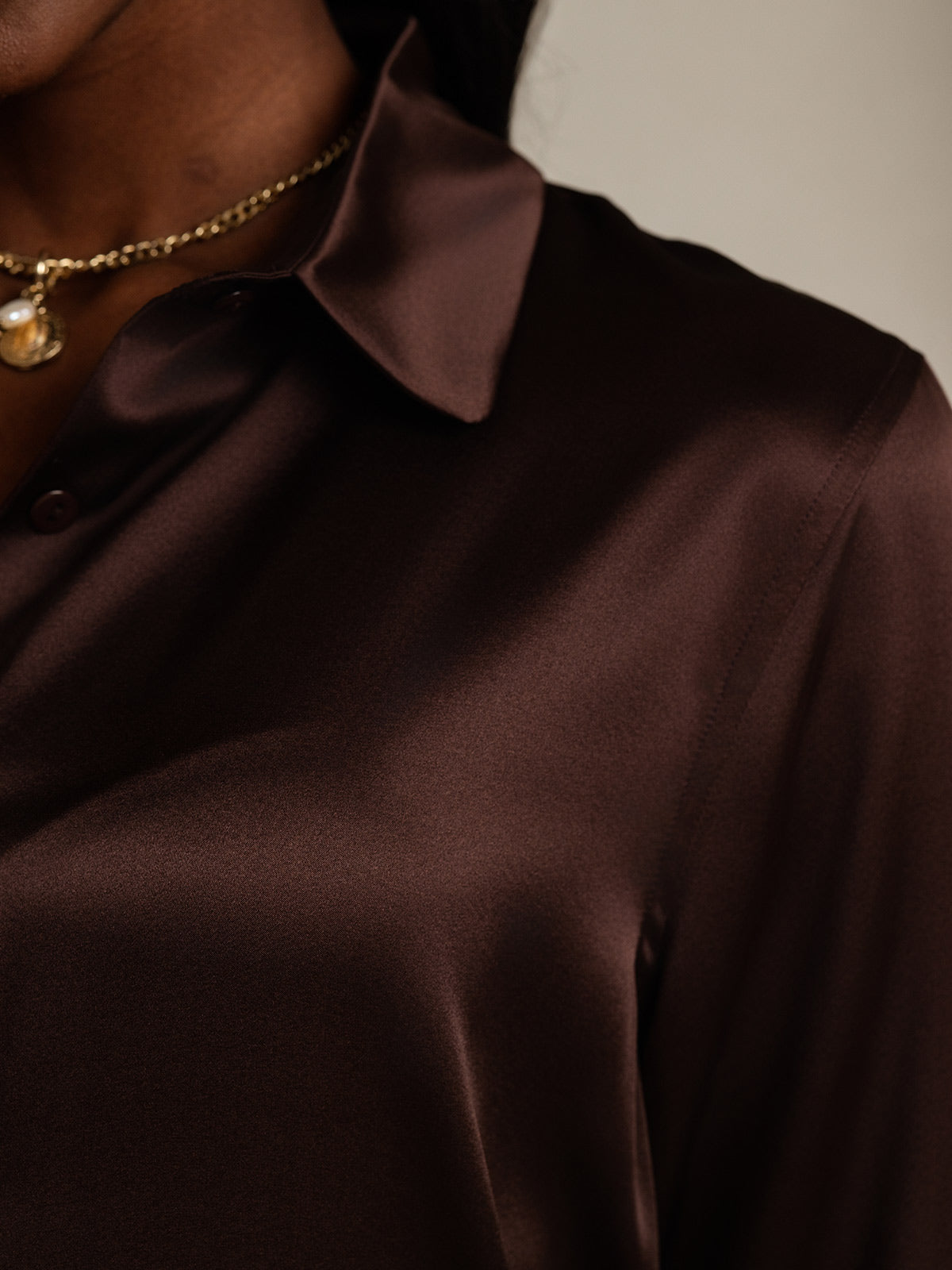 [Marrón] SilkSilky-ES Seda Lapel Collar Blusas de Mujer 008