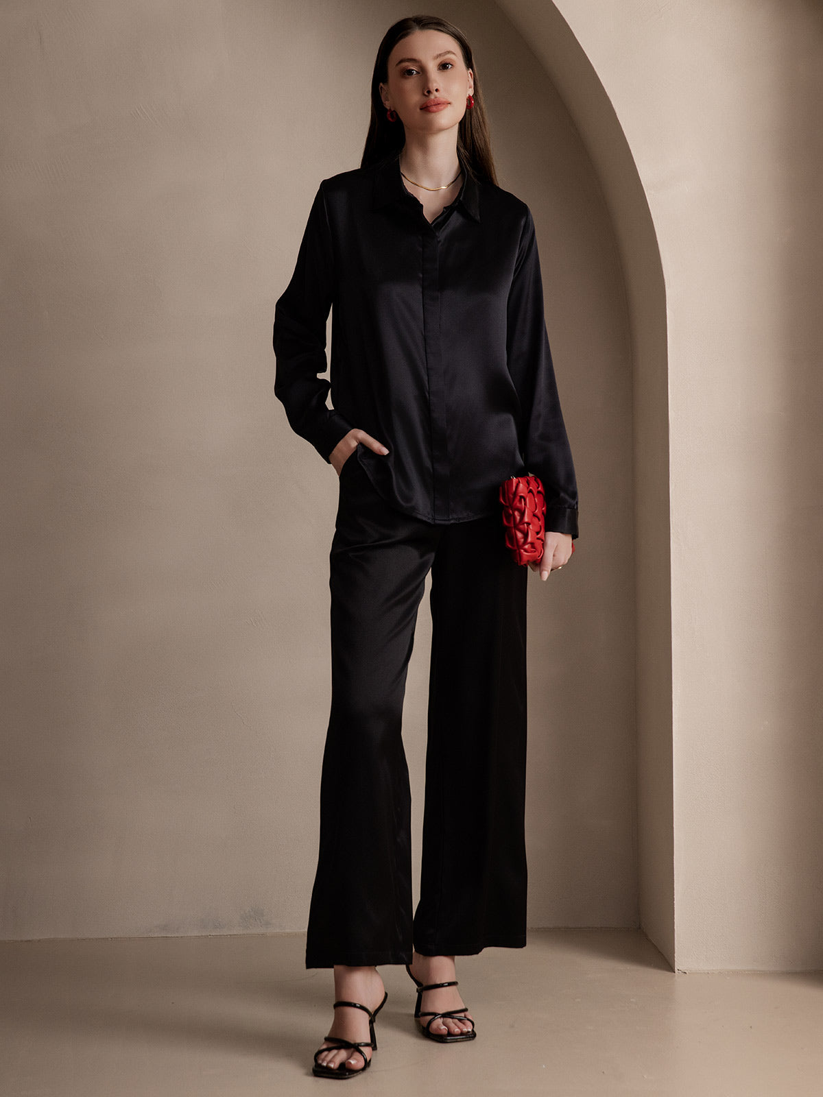 [Negro] SilkSilky-ES 19Momme Seda Lapel Collar Blusas de Mujer 007