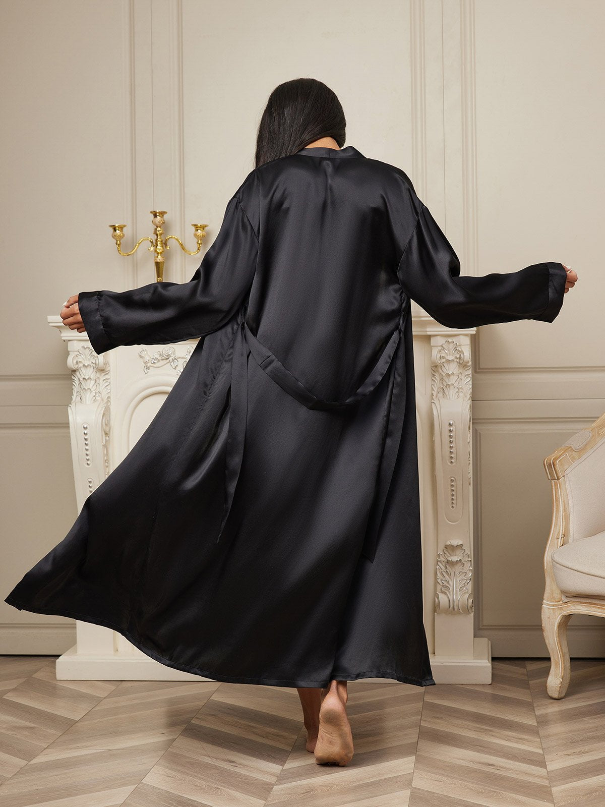 [Negro] SilkSilky-ES Seda Pura Wrap Bata de mujer 002