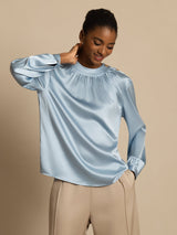 [Azul Grisáceo] SilkSilky-ES 19Momme Manga larga Cuello Redondo Blusa 001