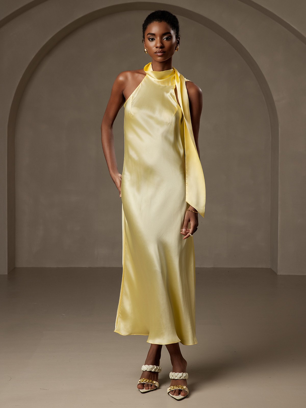 [Amarillo Claro] SilkSilky-ES 19Momme Seda Sin mangas Corbata Vestido 008