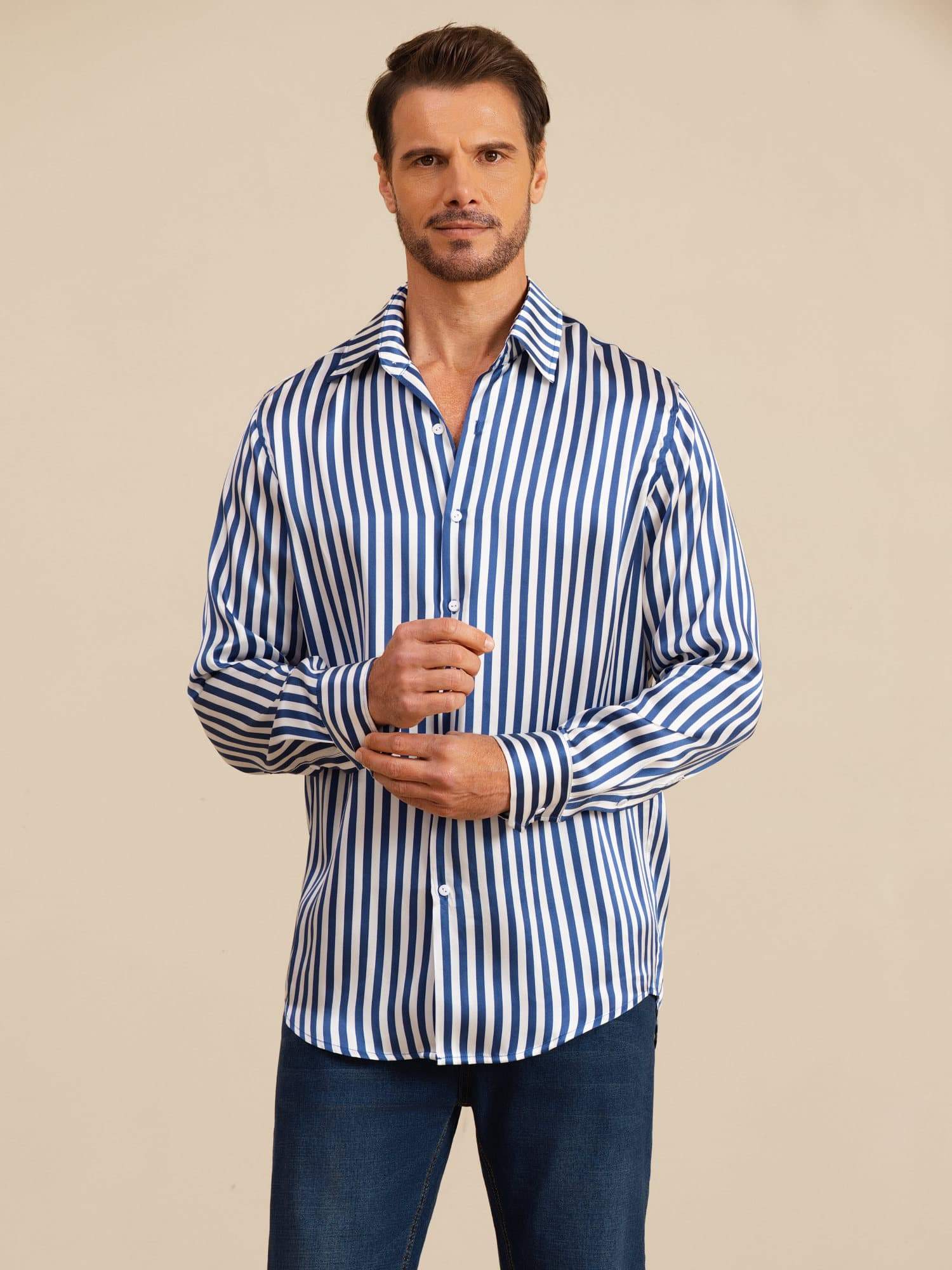 [Raya Marina] SilkSilky-ES 19Momme Manga larga Cuello con Solapa Camisa de hombre 003